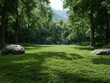 © Balaraw - Lush green meadow with trees and mountains in the background.