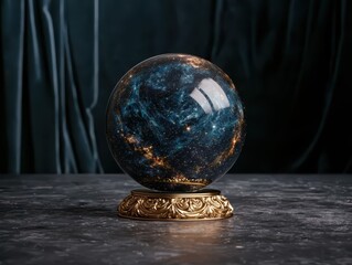 A crystal ball with a galaxy inside on a decorative stand.