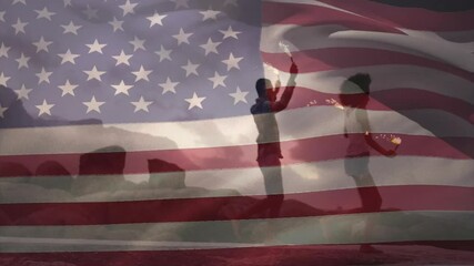 Poster - Dancing with fire, silhouetted people in front of waving American flag animation