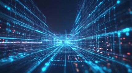 Poster - A futuristic digital tunnel filled with glowing blue lines and grids, representing advanced technology and data flow.
