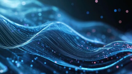 Poster - an abstract representation of flowing digital waves, illuminated by vibrant blue and pink particles,