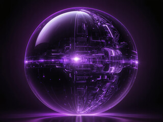 Wall Mural - Abstract glow Hologram Futuristic energy sphere illustration, purple color, on black background representing AI and future technology