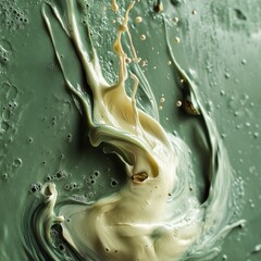 Poster - a dynamic splash of cream-colored liquid against a textured green background, creating an abstract, 