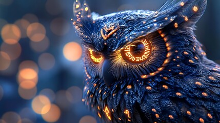 Poster - Glowing Blue Owl with Orange Eyes in Bokeh Setting