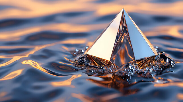 Reflective Silver Pyramid Floating on Orange and Blue Water at Sunset