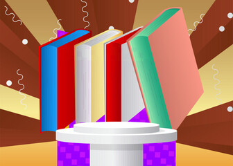 Poster - Mockup product display with Book. Vector cylinder pedestal podium. Stage showcase for presentation. Minimal geometric forms.