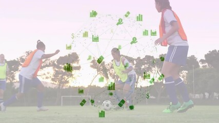 Poster - Soccer players practicing on field with financial data processing animation overlay