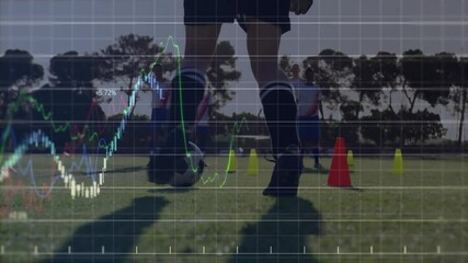 Poster - Athletes training on grassy field with cones, graph lines and percentages in animation