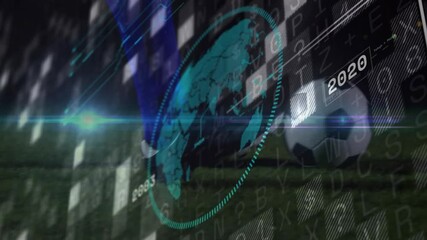 Poster - Soccer player kicking ball with digital globe and data overlay animation