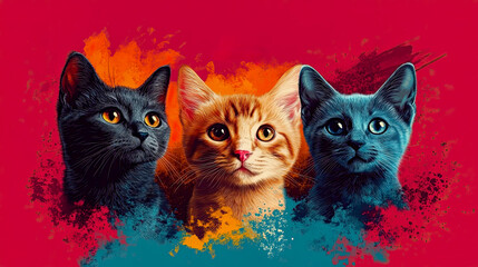 Naklejka na meble Three cats with a vibrant, colorful background in a digital artwork