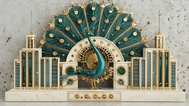 Teal and Gold Peacock Art Deco Building 3D Render