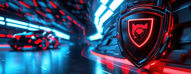 Poster - Realistic 3D Illustration of a Futuristic Cyber Environment with Neon Accents and a Shield Emblem Featuring High-Tech Design Elements