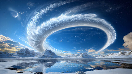 whirlpool of light over snowy mountain lake at night