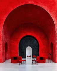 Poster - Striking Neo-Brutalist Interior Design with Bold Red Walls and Minimalist Furniture in Modern Space