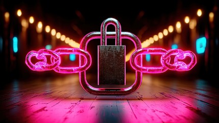 Poster - 3D Digital Illustration of a Neon Lock and Chain Artwork in Futuristic Style with Vibrant Glow and Modern Aesthetic Design Elements