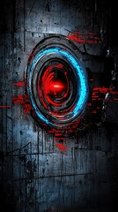 Poster - Abstract illustration of a futuristic circular outline with a red center and blue accents on a textured dark background for digital design projects