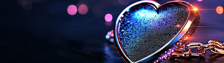 Poster - Abstract Halftone Illustration with Colorful Heart Design and Shimmering Chain on Dark Background for Creative Applications