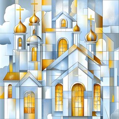 Poster - Vibrant Cubist Illustration Featuring Architectural Elements with Golden Domes and Geometric Forms in Bright Color Palette
