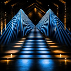 Poster - Abstract Illustration of Light Beams Creating a Modern Architectural Space with Symmetrical Patterns and Rich Textures in a Dark Environment