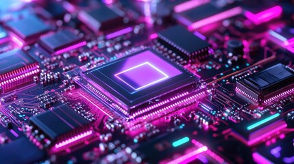 Poster - Abstract Digital Circuit Board with Vibrant Neon Lighting Effects