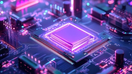 Poster - Colorful Microchip on Circuit Board with Neon Light Effects