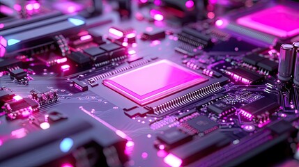 Poster - Futuristic Circuit Board with Neon Lights and Abstract Technology Design