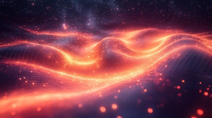 Fototapete - Ethereal Digital Artwork in Vaporwave Aesthetic Featuring Silk-like Waves and Glowing Particles in a Cosmic Landscape