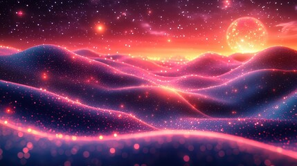 Fototapete - Dreamlike Digital Painting of Iridescent Silk Fabric Waves at Sunset with Stars and Soft Glows in a Fantasy Landscape