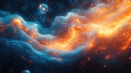 Fototapete - Digital rendering of silk fabric with intricate swirling patterns and vibrant colors, showcasing a beautiful blend of orange, blue, and cosmic elements.