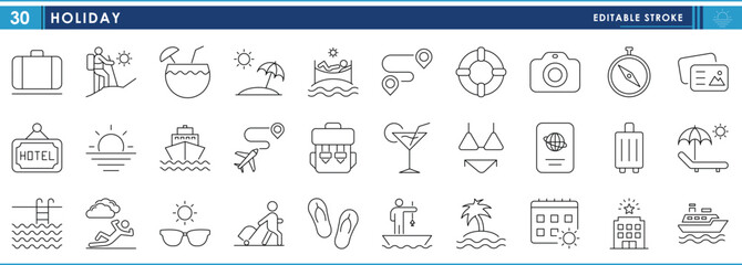 Poster - a set of line icons related to holiday. cruise, compass, postcard, bikini, suitcase, hiking, coconut