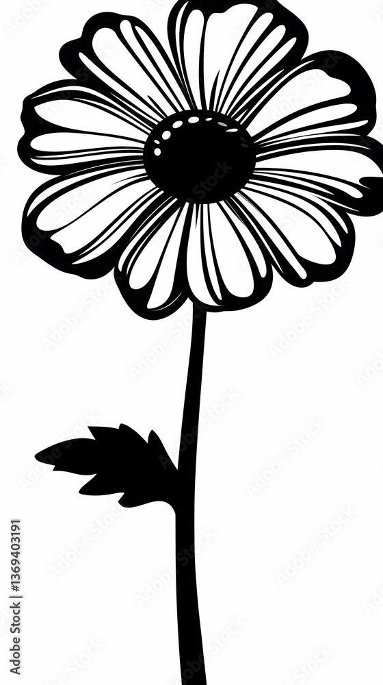 Black and White Daisy Flower Illustration with a Single Stem and Leaf ...