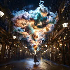 woman walking through a colorful cloud filled night city street