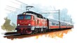 © Chaikit - a digitally illustrated indian train engine and coaches in a bold vector art style, emphasizing strong geometric shapes and vivid colors the locomotive is designed with deep red and silver tones,
