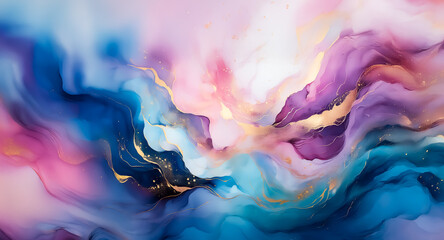 Aufkleber - abstract painting with flowing colors like blue, pink, and purple blending seamlessly. gold accents 