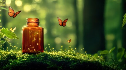 Fototapete - Realistic Seamless Pattern of Amber Medicine Bottle Surrounded by Butterflies and Lush Greenery in a Tranquil Forest Setting