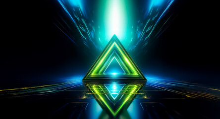 Aufkleber - abstract image featuring a luminous green triangle at the center, reflecting on a dark surface. blue