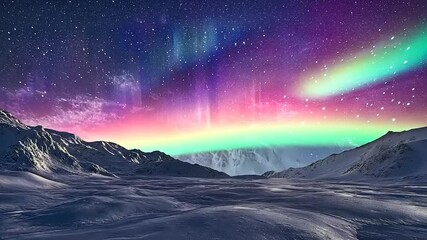 Wall Mural - Majestic aurora borealis illuminating a snowy landscape under a starry sky at night, tranquil beauty