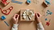 © Miracle Studio - Hands Unwrapping Gift Box with Gold Bow on Beige Background