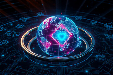 Aufkleber - digital globe with a glowing heart outline over africa. futuristic neon blue and pink lines on dark 