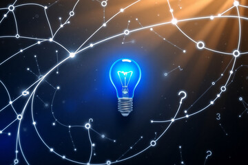 Poster - a blue light bulb brightly glows at the center, surrounded by a network of white lines and nodes on 