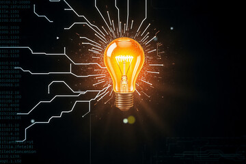 Aufkleber - a glowing light bulb radiates brightly against a dark backdrop resembling a circuit board. light bea
