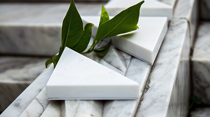 Leinwandbilder - Green leaves are resting on marble and geometric white objects