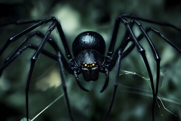 Close-up 3D Render of a Black Spider on its Web, Intricate Details, Dark Background, Creepy Atmosphere