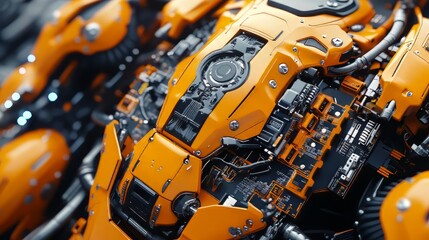Poster - Intricate, futuristic, orange and black robotic structure with mechanical and circuit board details.