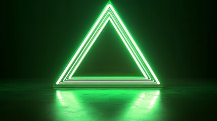 Poster - A vibrant, three-layered neon triangle glows in a dimly lit space, casting a luminescent reflection below.