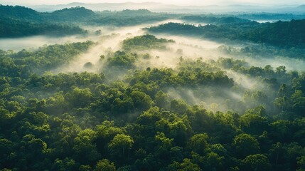 Poster - A breathtaking aerial view of a dense rainforest with mist rolling over the treetops.