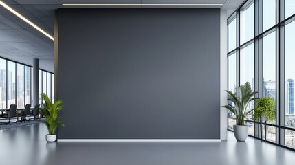 Aufkleber - Empty gray office wall mockup with panoramic view of concrete floor and plants in modern interior design. 3D rendering template for advertising banner, company branding presentation, corporate identit