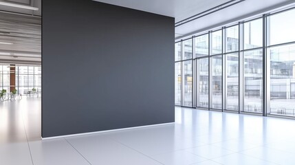 Aufkleber - Empty gray office wall mockup with panoramic view of concrete floor and plants in modern interior design. 3D rendering template for advertising banner, company branding presentation, corporate identit