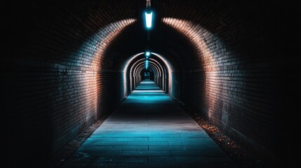 Poster - A dark tunnel with exposed brick walls, dimly lit by a single lightbulb, creating a mysterious and atmospheric feel.