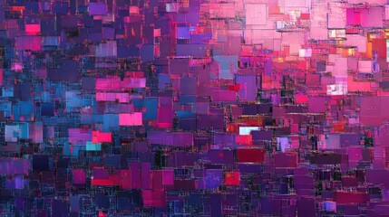 Poster - Abstract pixelated artwork showing mosaic of pink, purple, and blue squares, arranged in colorful pattern